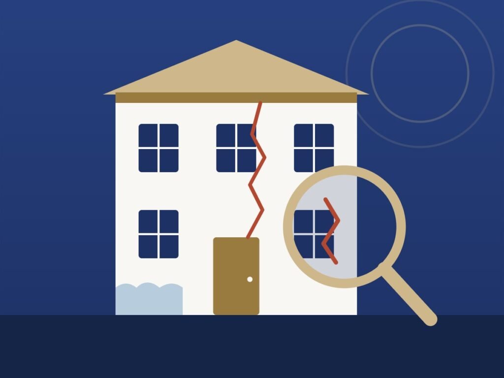 Illustration : façade d’immeuble fissurée observée à la loupe pathologie du bâtiment
