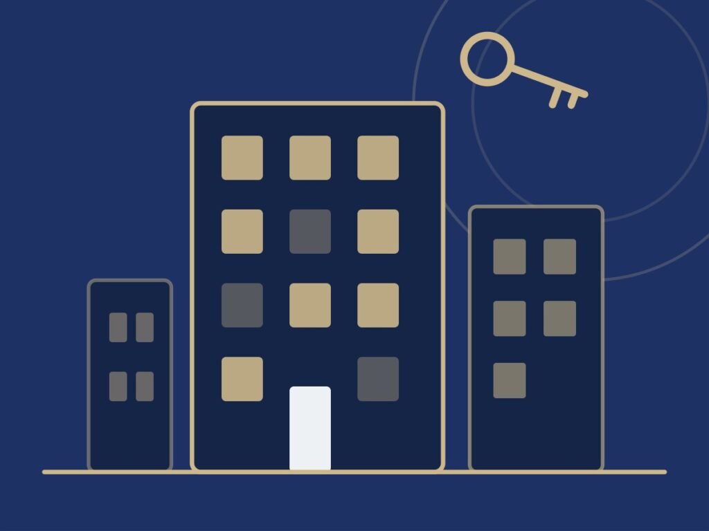 formation gestionnaire de copropriété; Illustration d'un immeuble de copropriété avec ses fenêtres et une clé.